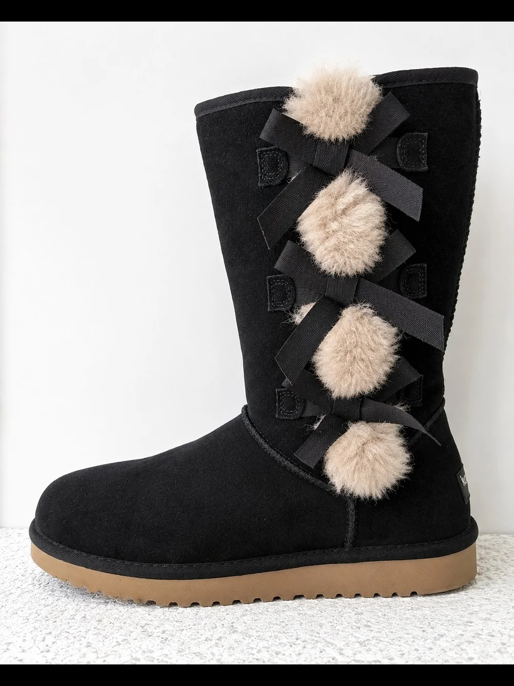 Black Pom-Pom Suede Mid-Calf Boots